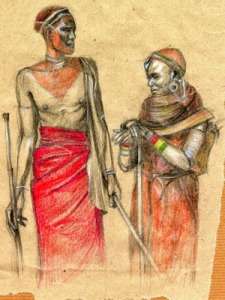 Samburu couple - drawing by friend Ester based on Amin's photograph