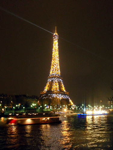 New Year's Eve in Paris, Seine, lit-up Eiffel Tower